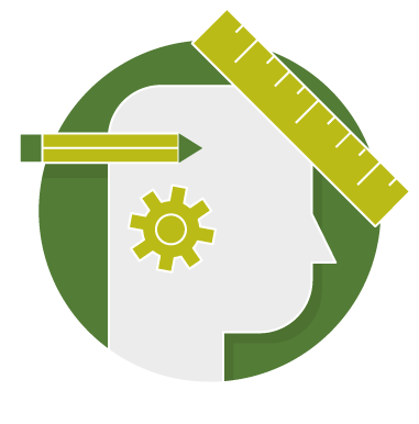 Il·lustració feta a taca amb els colors corporatius de BRM, on hi ha una cara de perfil, un llapis i una regla.